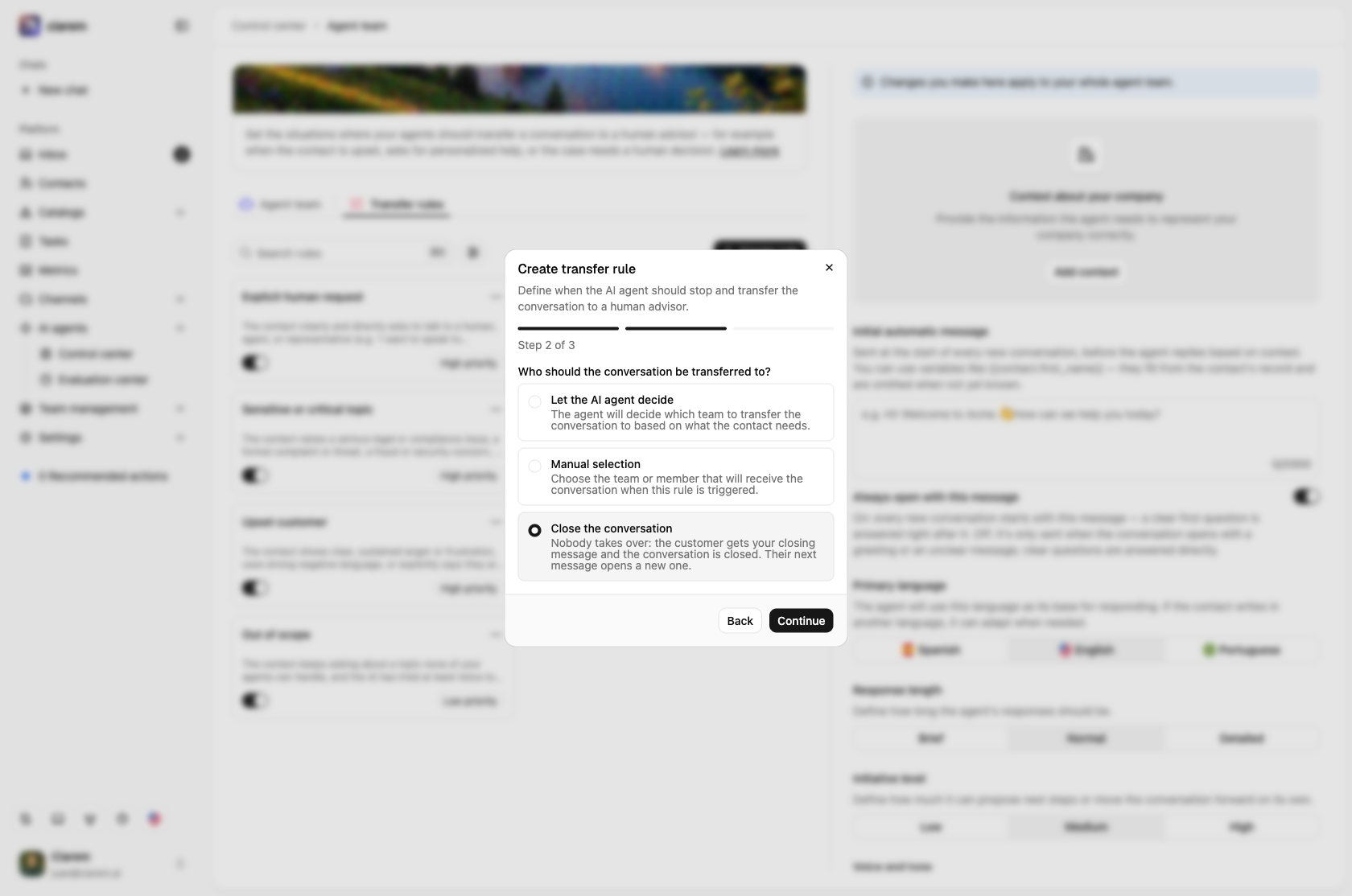 Step 2 of a new transfer rule with Close the conversation selected as the destination