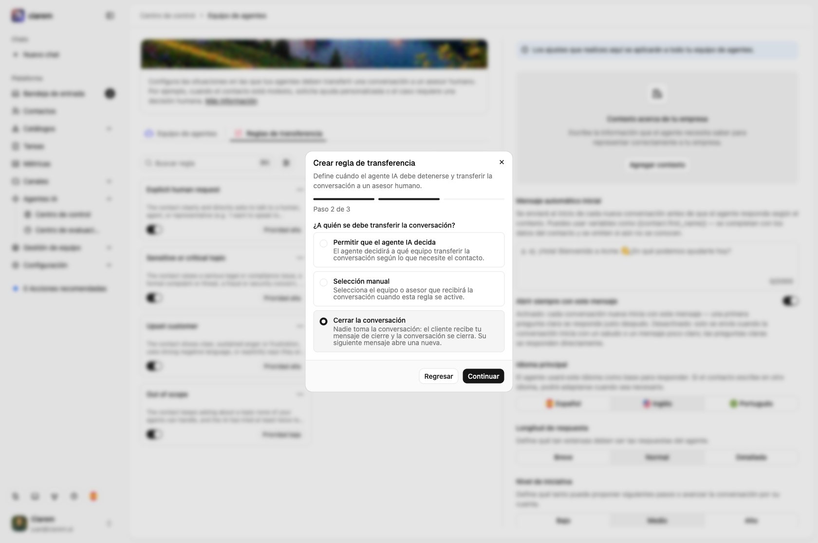 El paso 2 de una regla de transferencia nueva con Cerrar la conversación elegido como destino