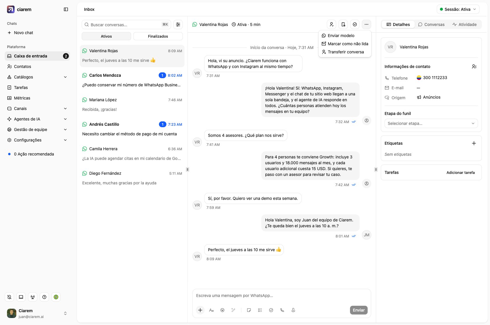 O menu de mais opções do cabeçalho da conversa: Enviar modelo, Marcar como não lida e Transferir conversa