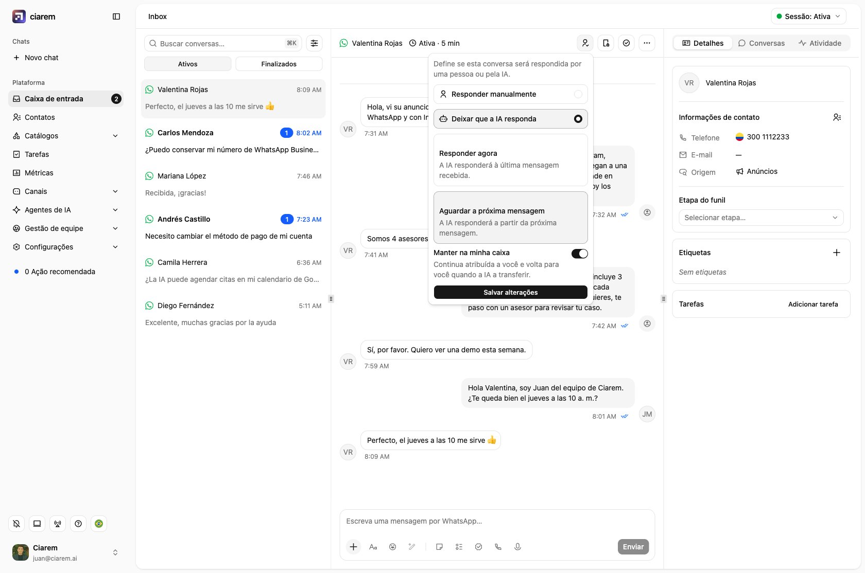 O menu do responsável pela conversa com Deixar que a IA responda selecionado e a chave Manter na minha caixa ativada