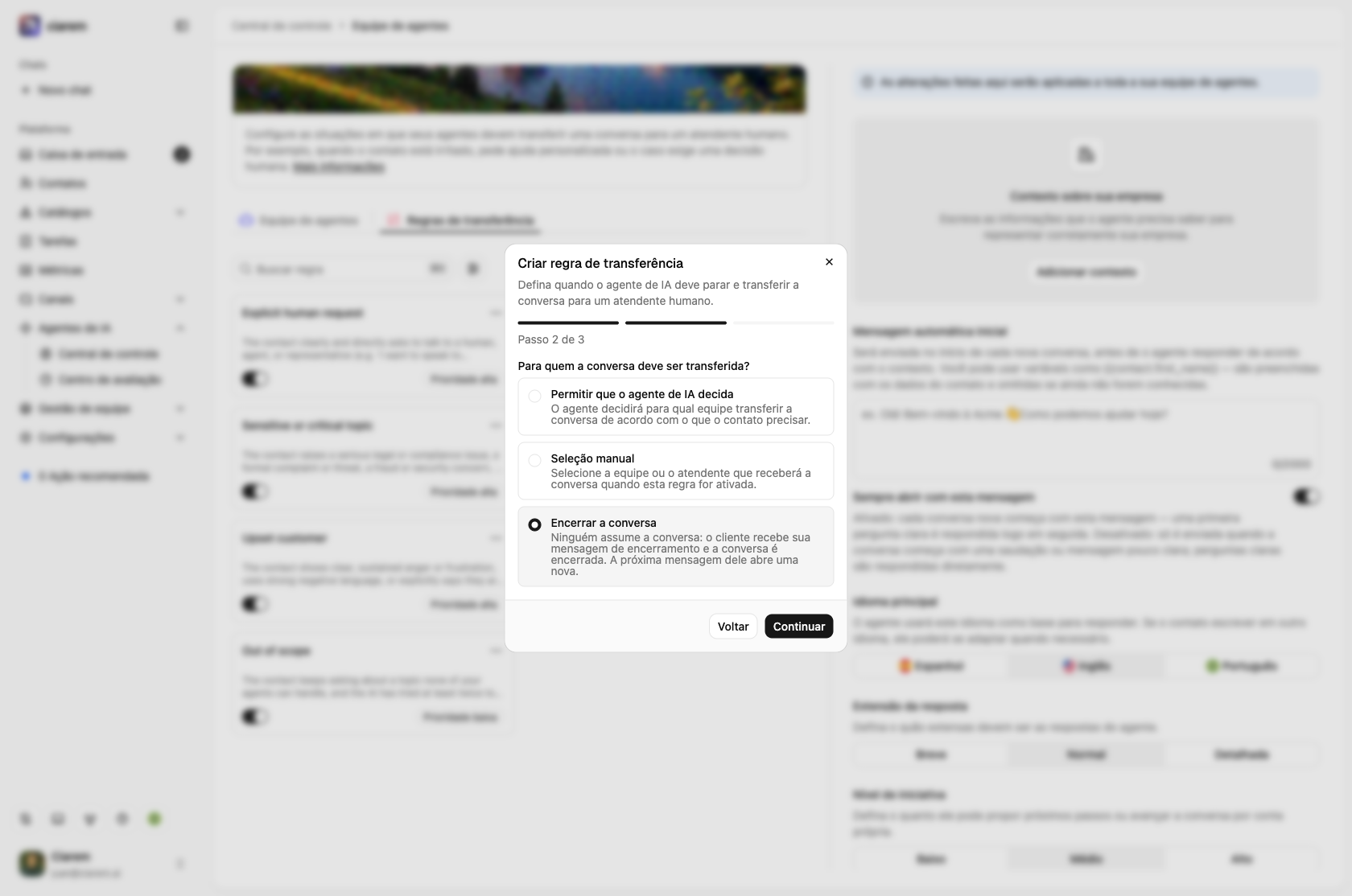 O passo 2 de uma nova regra de transferência com Encerrar a conversa selecionado como destino