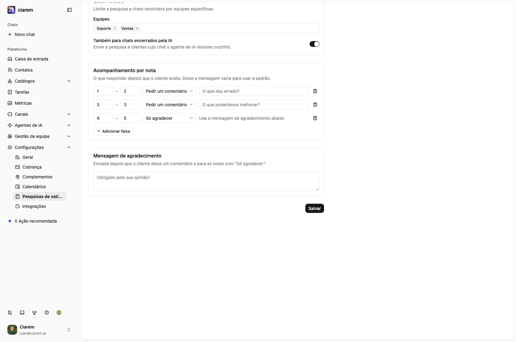 Acompanhamento por nota: pedir um comentário em 1–2 e 3, só agradecer em 4–5, e a mensagem de agradecimento abaixo