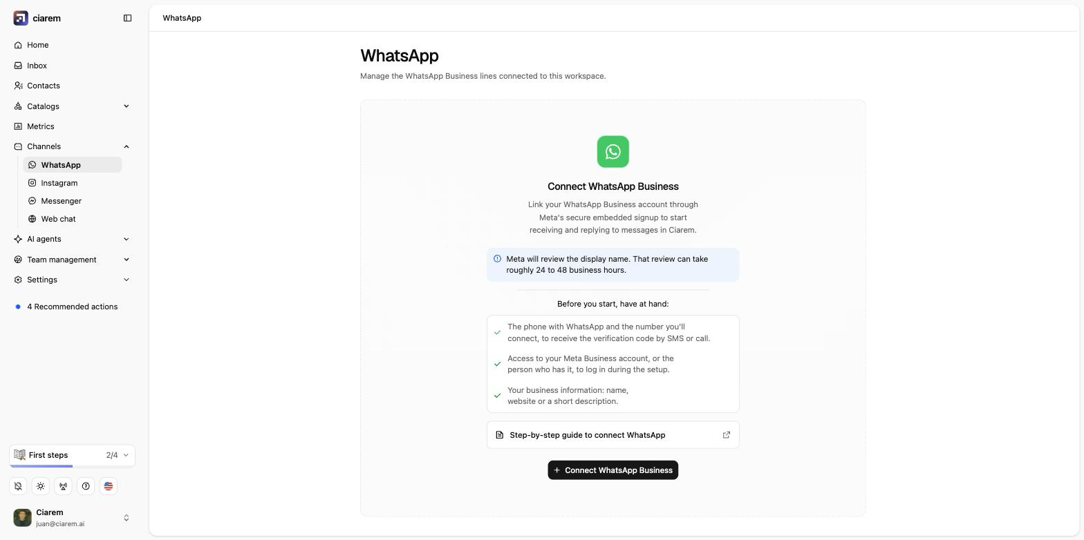 The WhatsApp channel page with the Connect WhatsApp Business button