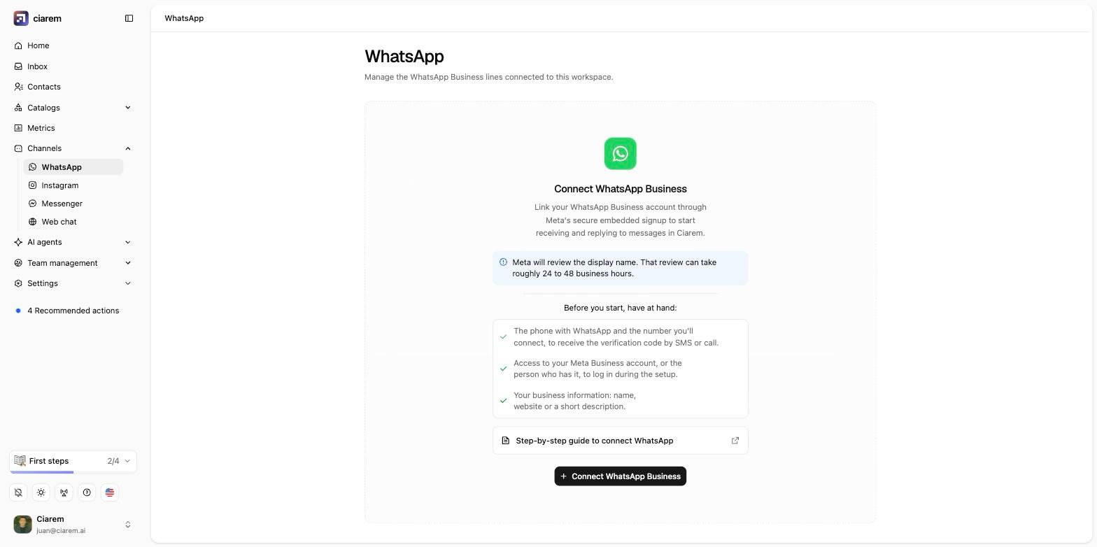 The WhatsApp channel page with the Connect WhatsApp Business button