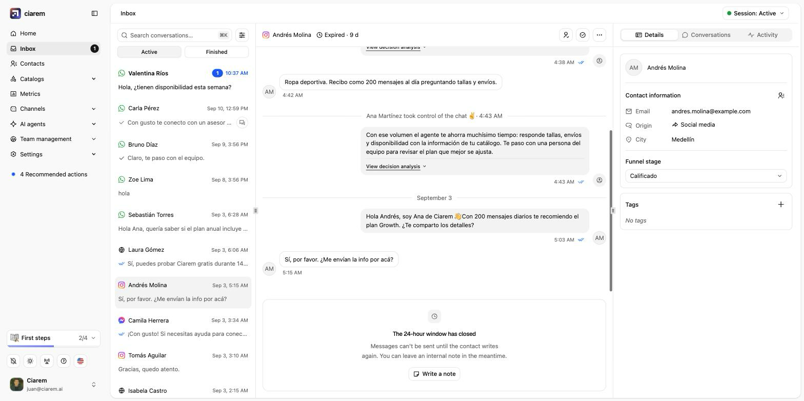 An Instagram conversation whose 24-hour window has closed: the composer is locked and offers only Write a note