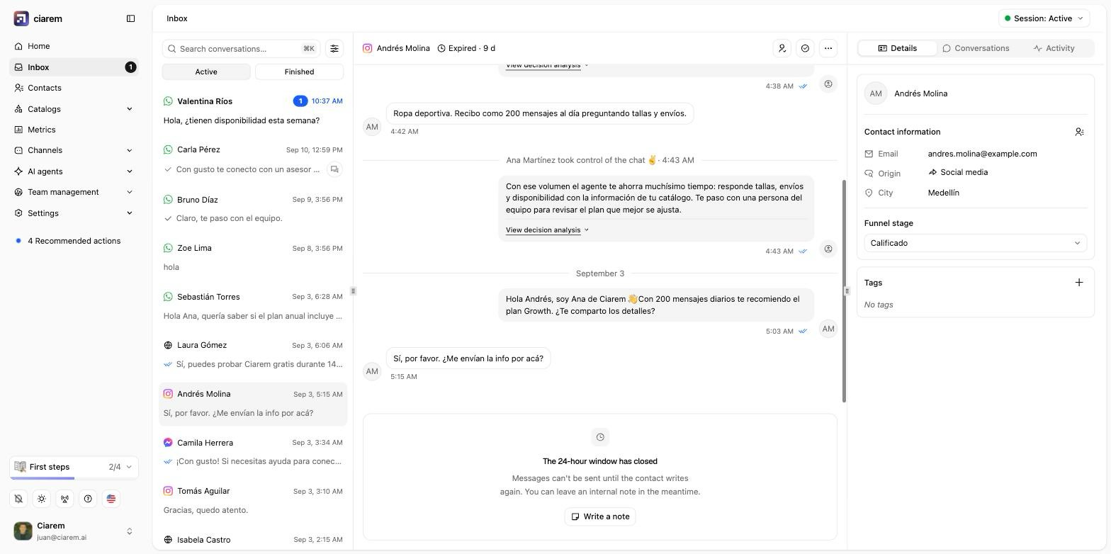 An Instagram conversation whose 24-hour window has closed: the composer is locked and offers only Write a note