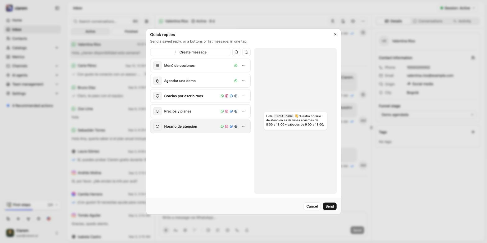 The Quick replies picker: saved replies on the left, each marked with the channels it can be sent on, and a preview of the selected one