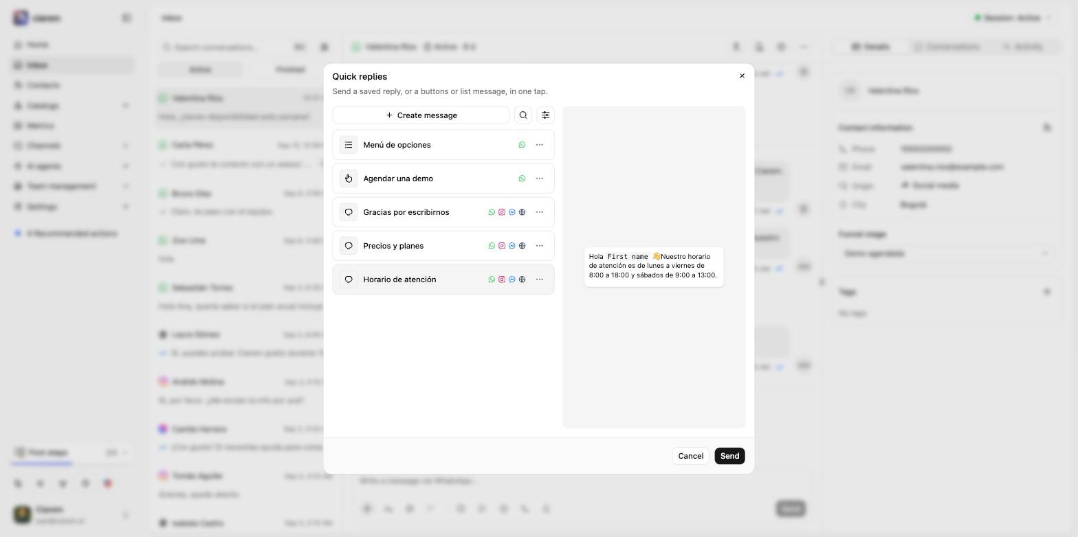 The Quick replies picker: saved replies on the left, each marked with the channels it can be sent on, and a preview of the selected one