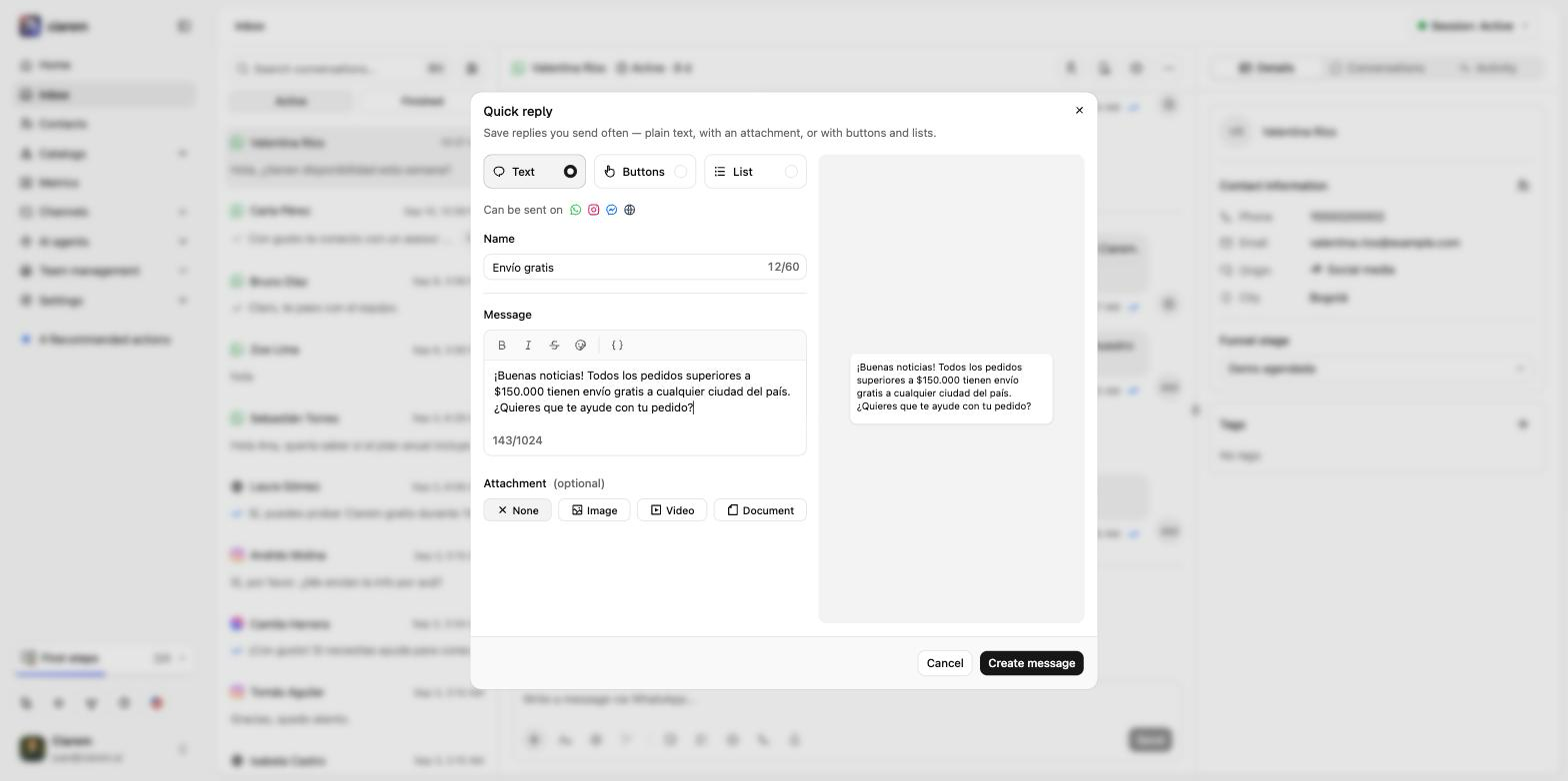 The quick reply builder with the Text type selected, showing the channels it can be sent on, the message, and the optional attachment
