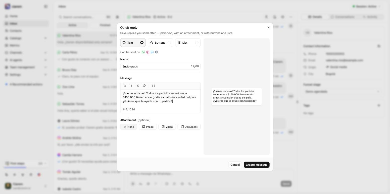 The quick reply builder with the Text type selected, showing the channels it can be sent on, the message, and the optional attachment