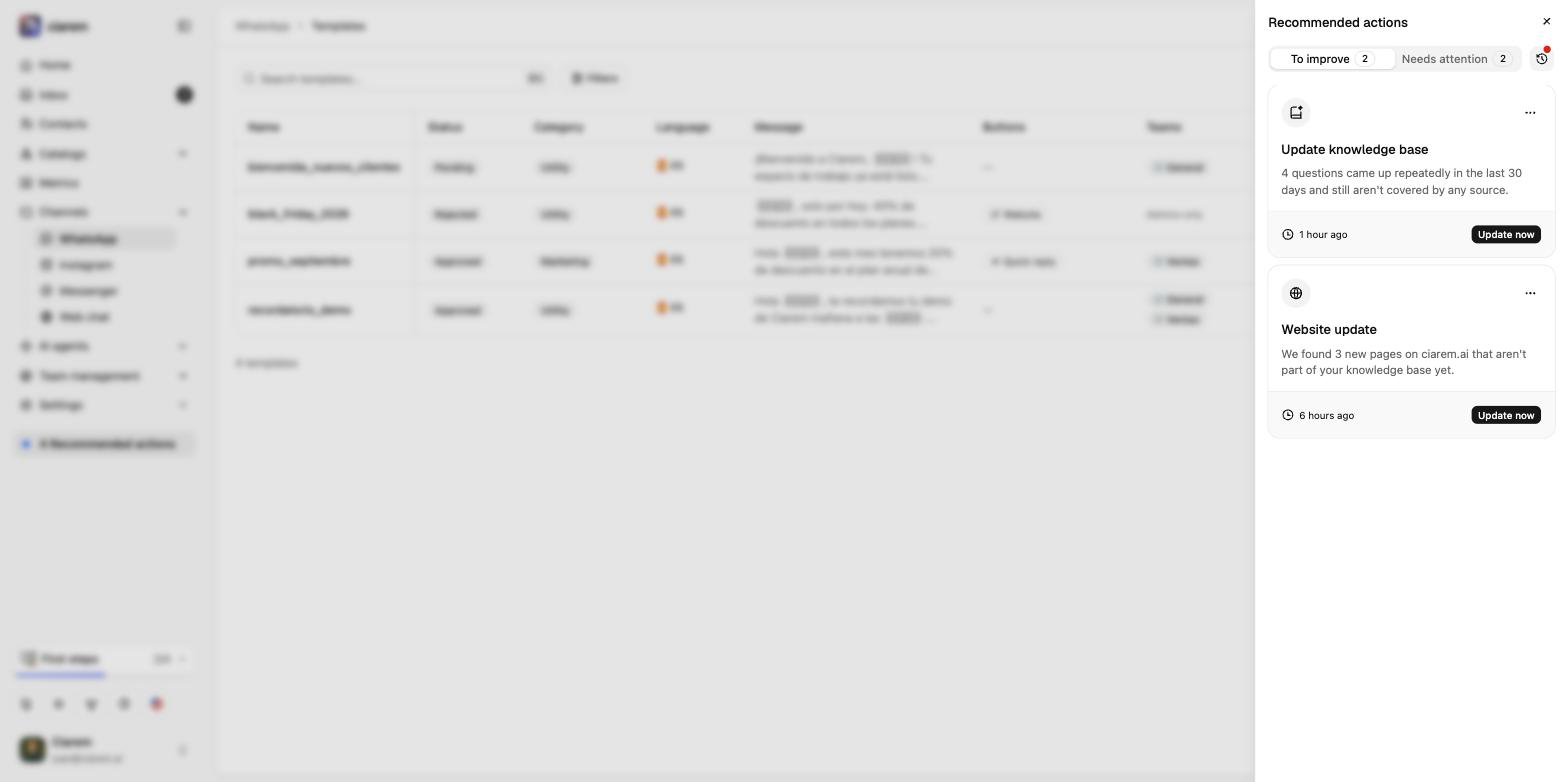 The To improve tab: a knowledge base card counting the uncovered questions, and a website update card