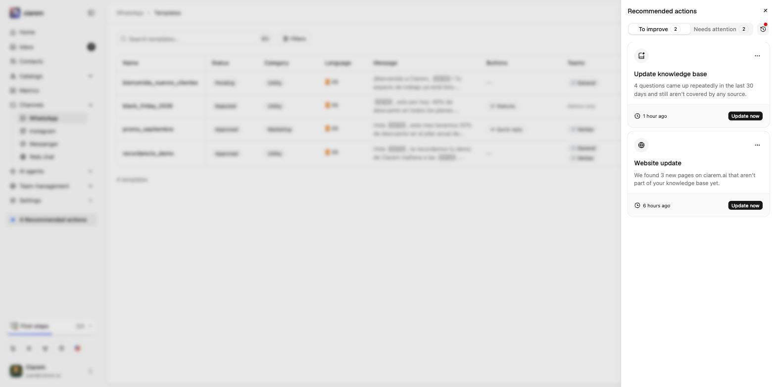 The To improve tab: a knowledge base card counting the uncovered questions, and a website update card