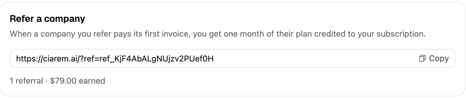 The Refer a company card: your referral link with a Copy button, and the count of referrals and credit earned