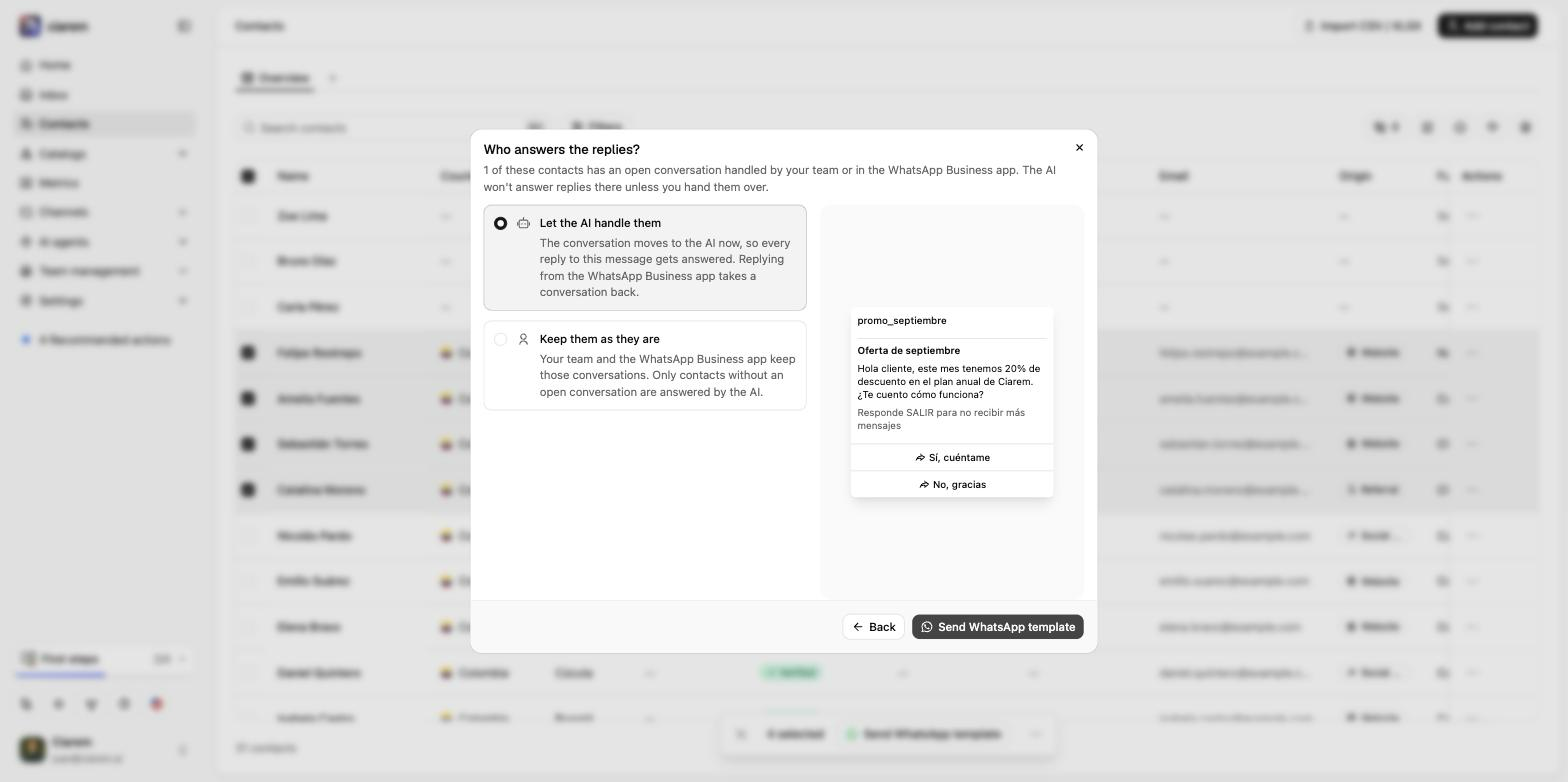 The Who answers the replies? step of the send dialog, with Let the AI handle them selected