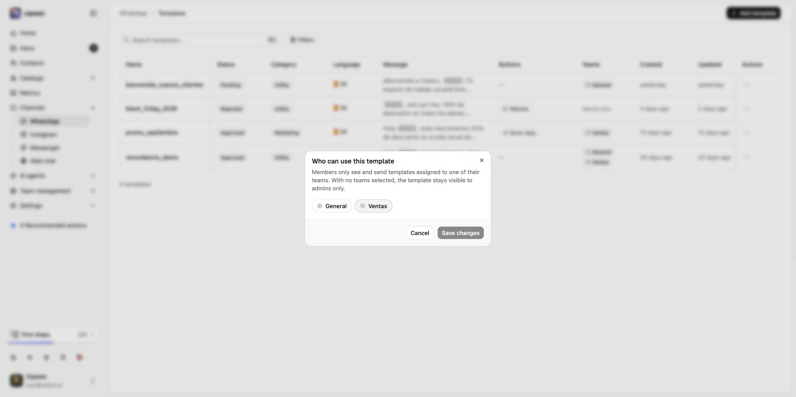 The Assign teams dialog for a template, with the General and Ventas teams as toggles
