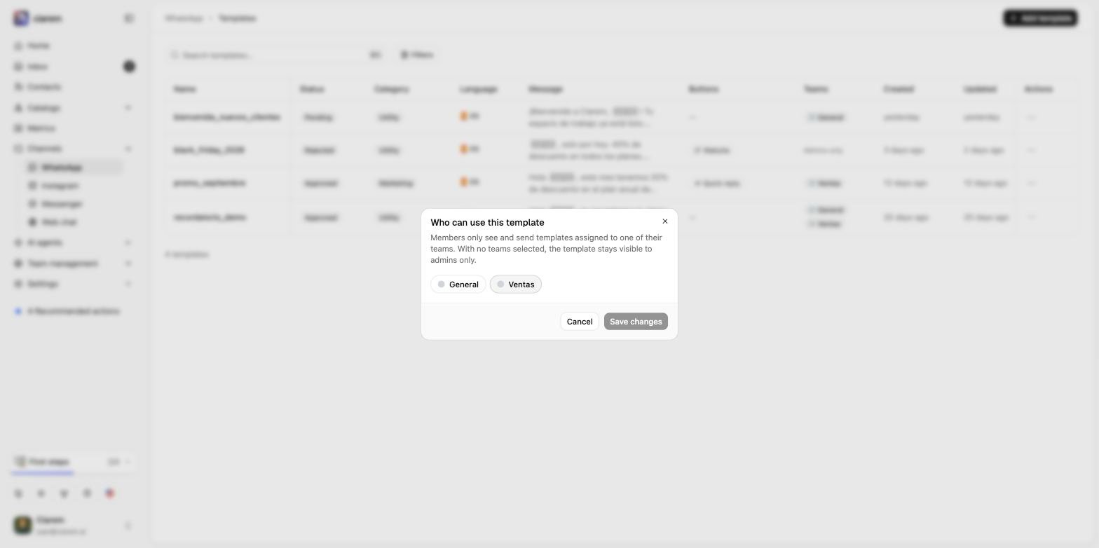 The Assign teams dialog for a template, with the General and Ventas teams as toggles