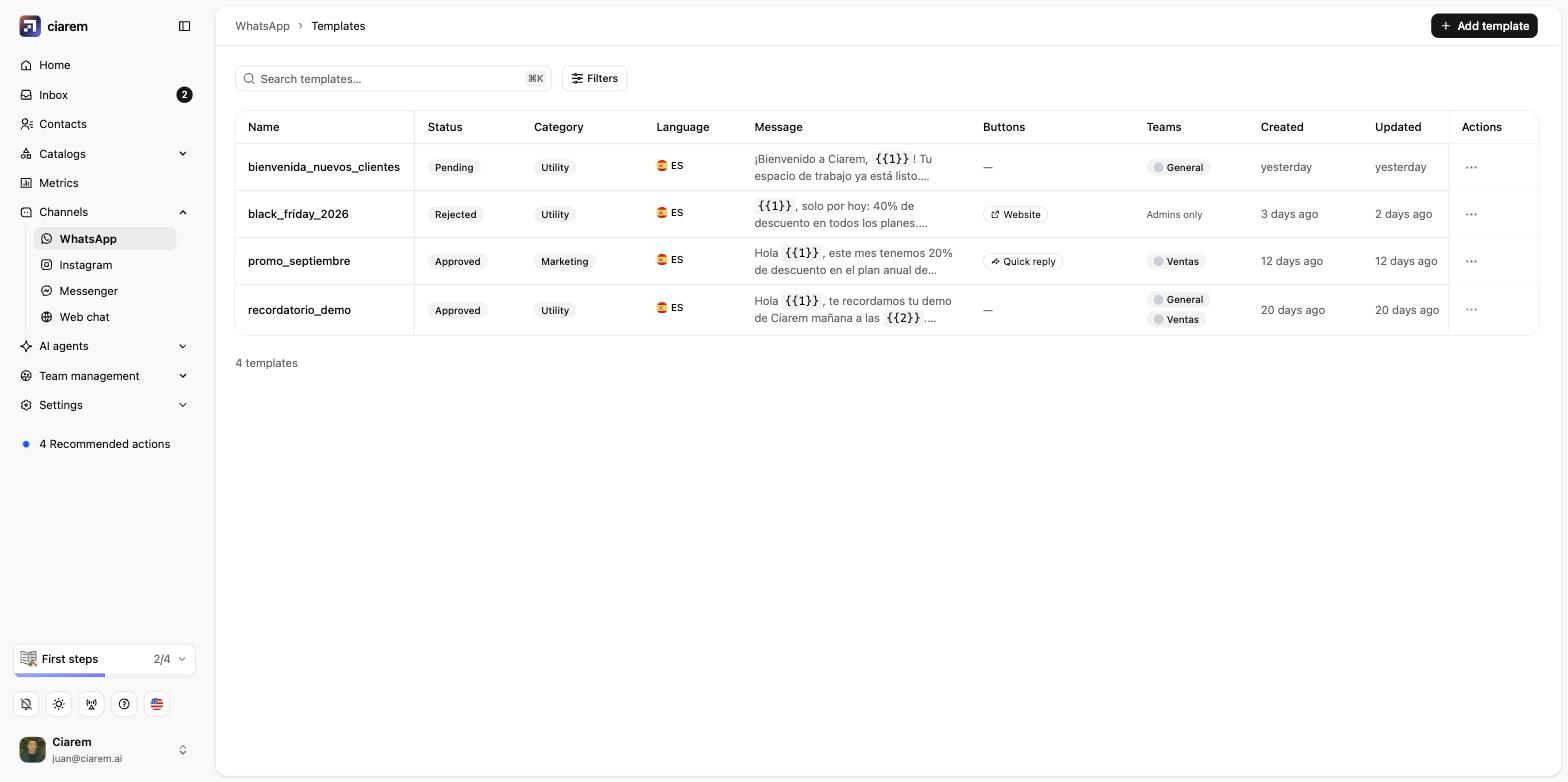 The Message templates list: each template's status (Approved, Pending, Rejected), category, language, message preview, buttons, and the teams that can use it