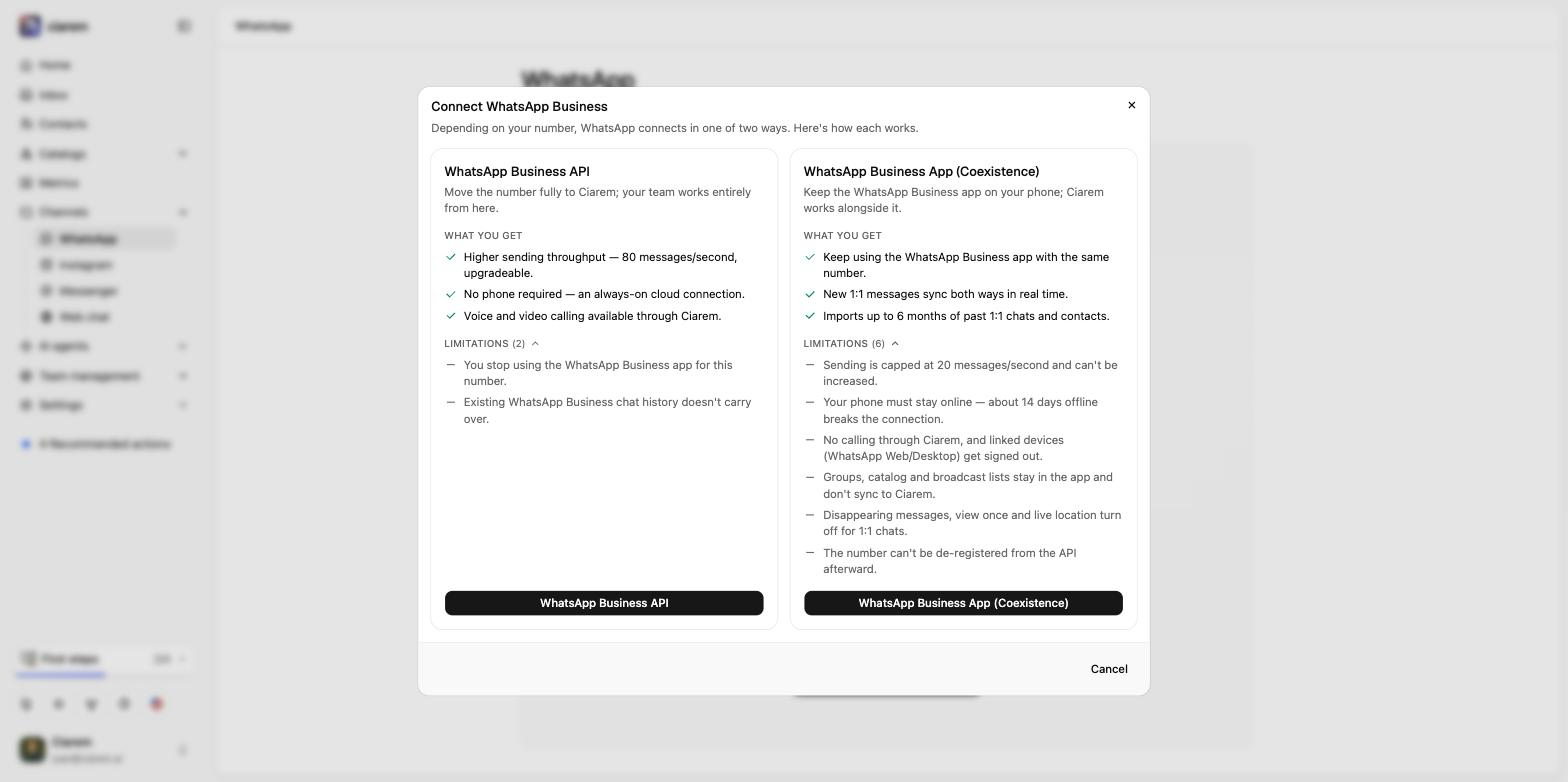 The connect chooser: WhatsApp Business API on the left and WhatsApp Business App (Coexistence) on the right, each with what you get and its limitations