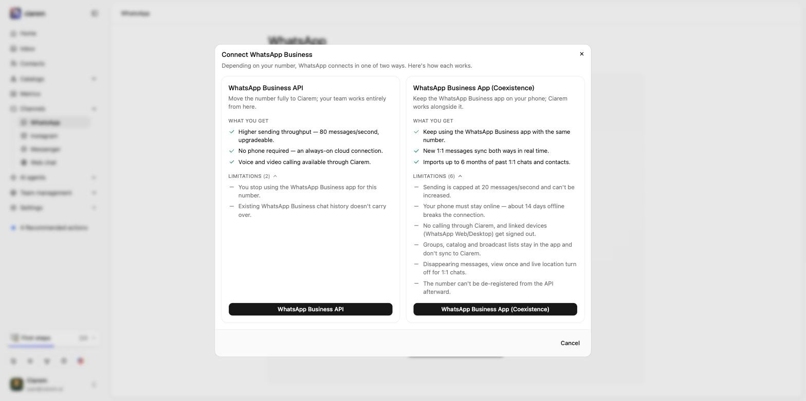 The connect chooser: WhatsApp Business API on the left and WhatsApp Business App (Coexistence) on the right, each with what you get and its limitations