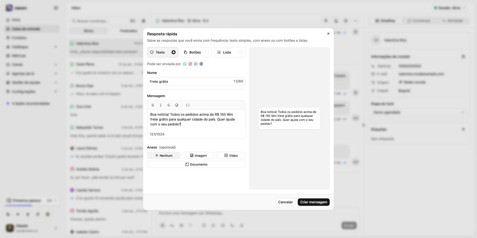 O editor de resposta rápida com o tipo Texto selecionado, os canais pelos quais pode ser enviada, a mensagem e o anexo opcional