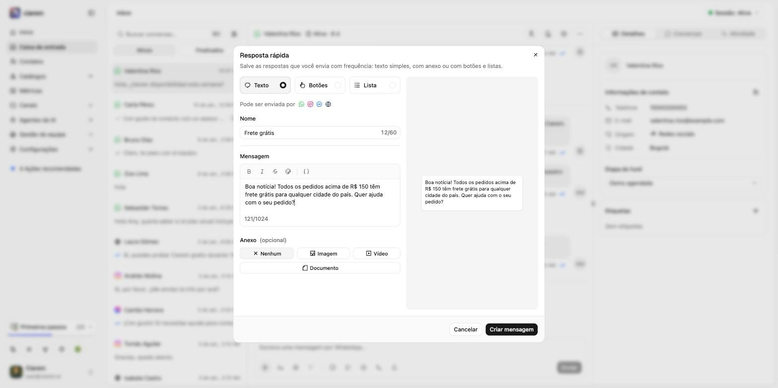 O editor de resposta rápida com o tipo Texto selecionado, os canais pelos quais pode ser enviada, a mensagem e o anexo opcional