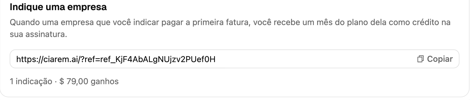 O cartão Indique uma empresa: seu link de indicação com um botão Copiar, e a contagem de indicações e do crédito ganho