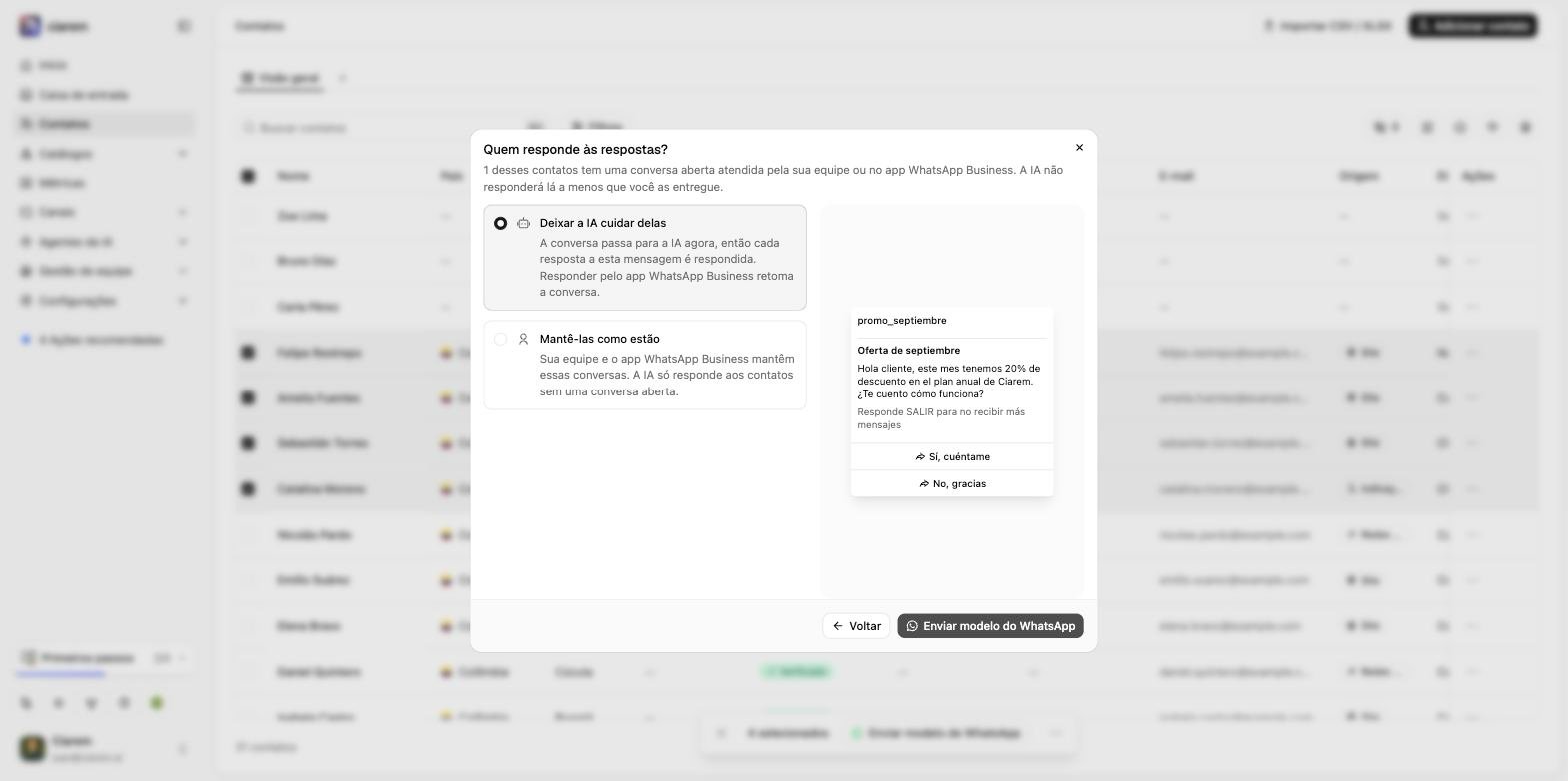 O passo Quem responde às respostas? do diálogo de envio, com Deixar a IA cuidar delas selecionado