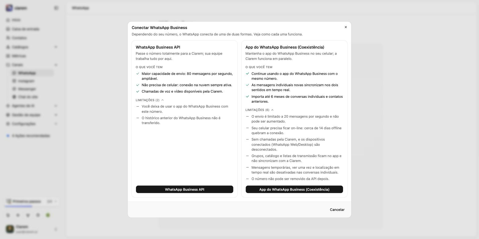 O seletor de conexão: WhatsApp Business API à esquerda e App do WhatsApp Business (Coexistência) à direita, cada uma com o que você tem e suas limitações