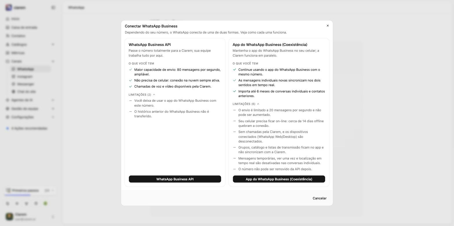 O seletor de conexão: WhatsApp Business API à esquerda e App do WhatsApp Business (Coexistência) à direita, cada uma com o que você tem e suas limitações