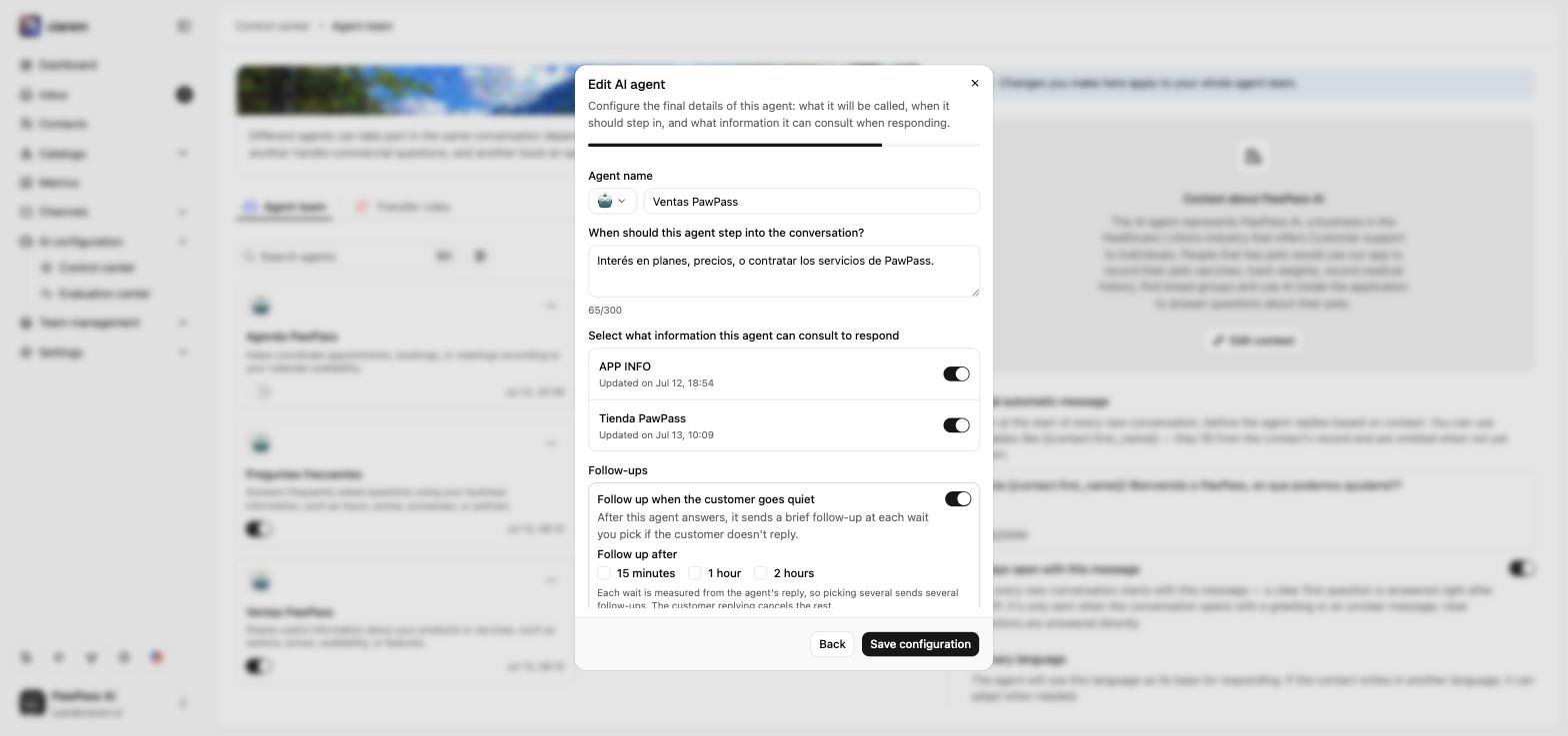 The Follow-ups section in an agent's configuration: the "Follow up when the customer goes quiet" switch and the 15 minutes / 1 hour / 2 hours checkboxes