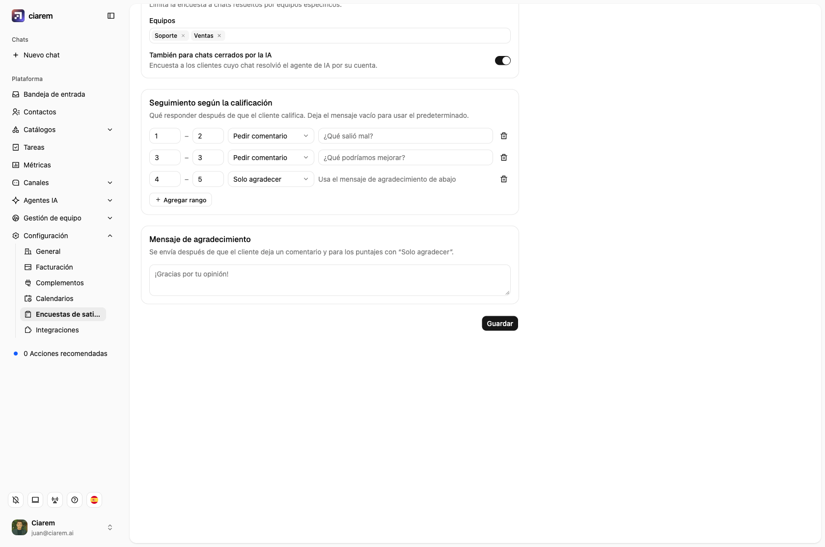 Seguimiento según la calificación: pedir comentario en 1–2 y 3, solo agradecer en 4–5, y el mensaje de agradecimiento abajo