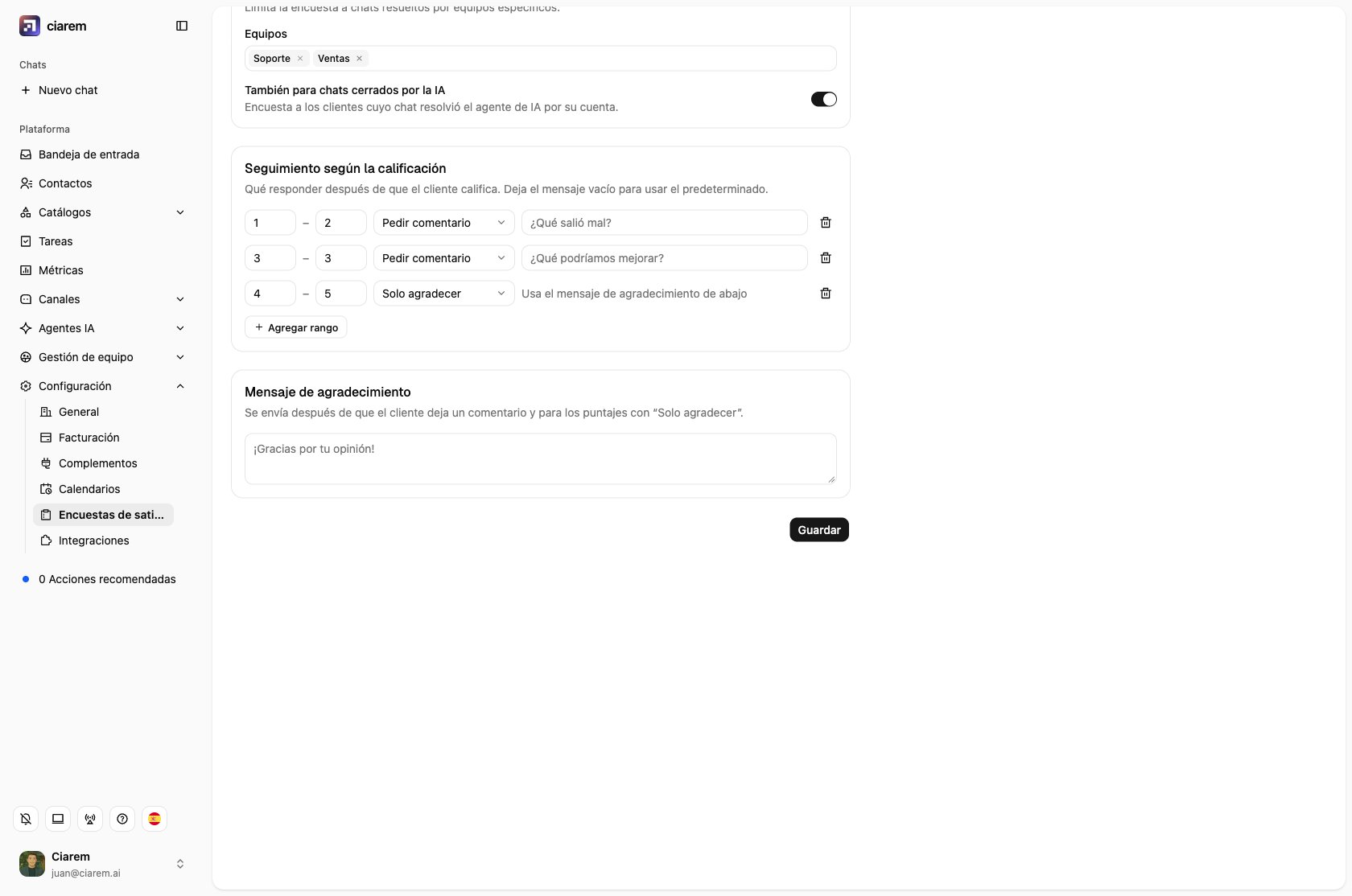 Seguimiento según la calificación: pedir comentario en 1–2 y 3, solo agradecer en 4–5, y el mensaje de agradecimiento abajo