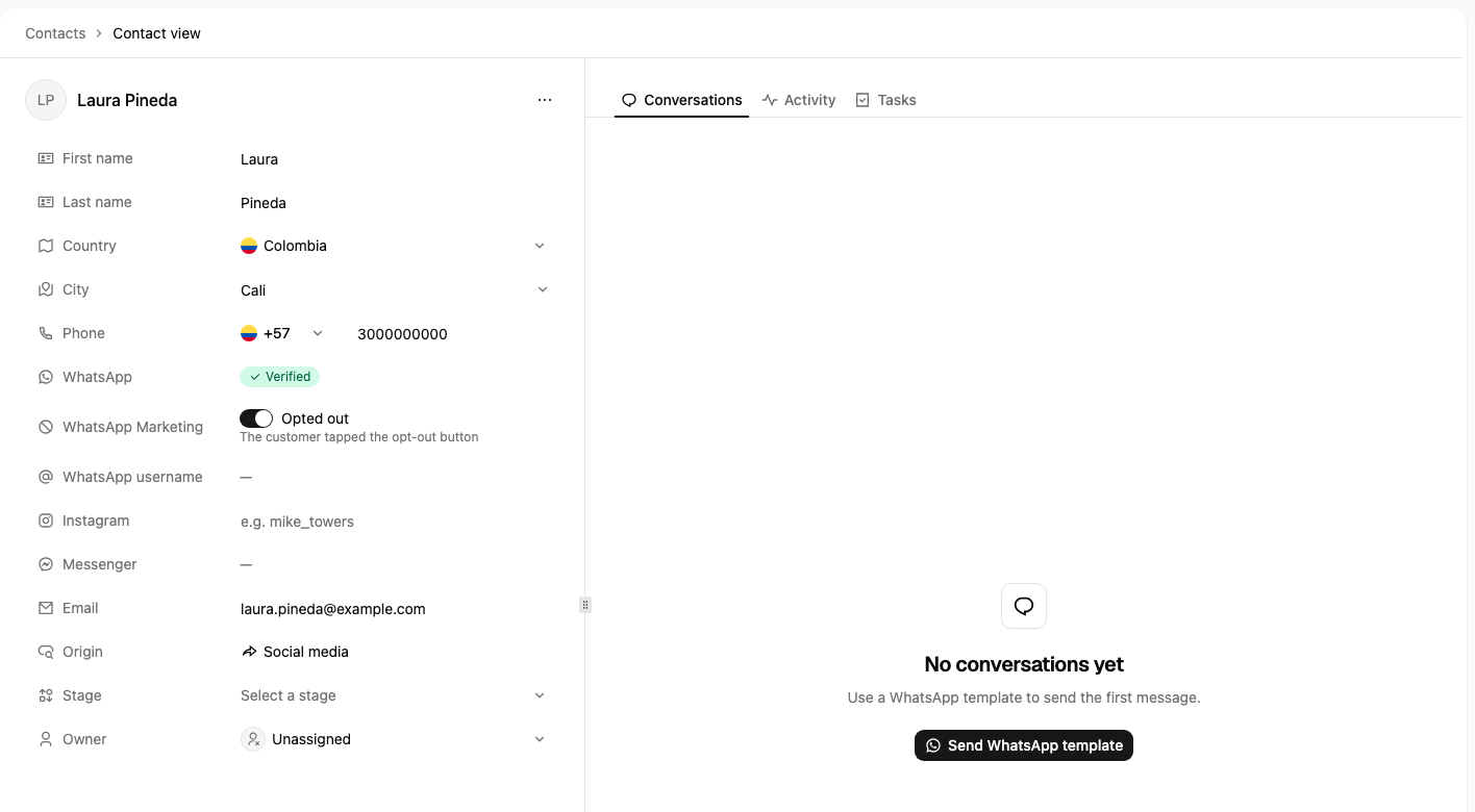 A contact view with the WhatsApp Marketing switch on, showing Opted out and that the customer tapped the opt-out button