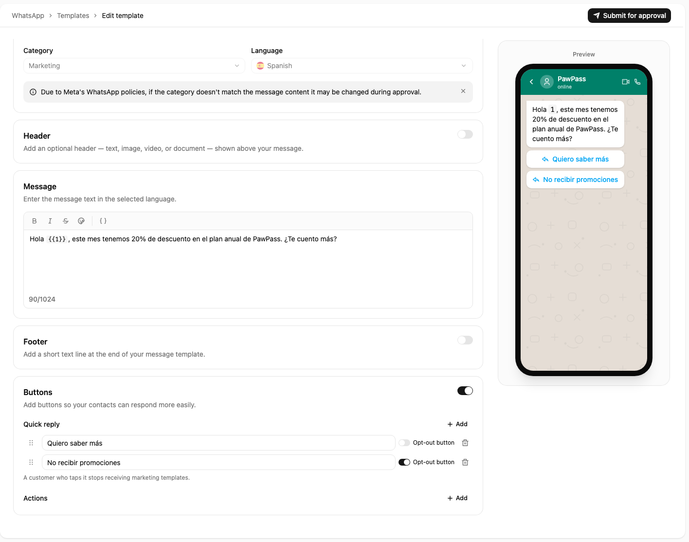 The template editor: two quick-reply buttons, with the Opt-out button switch turned on for the second one