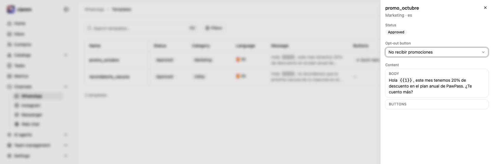 The template's details panel with the Opt-out button field set to one of its quick-reply buttons
