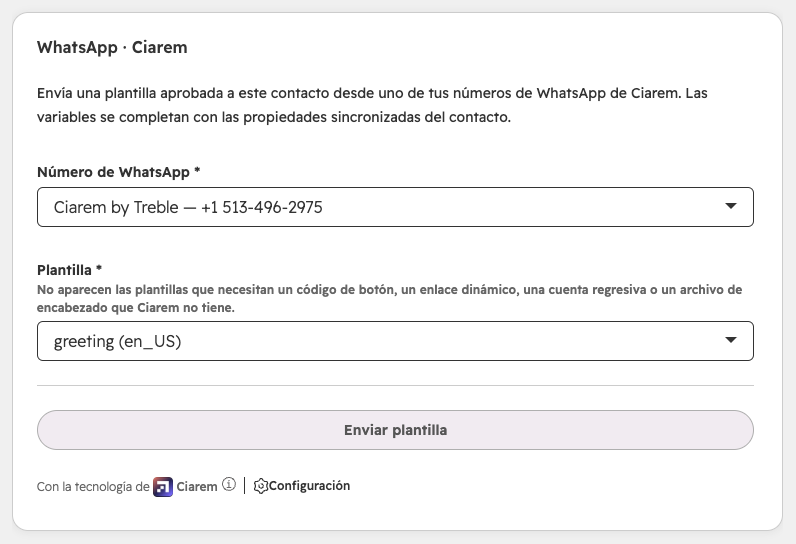 La tarjeta WhatsApp · Ciarem en un contacto de HubSpot, con el número de WhatsApp y la plantilla elegidos y el botón Enviar plantilla