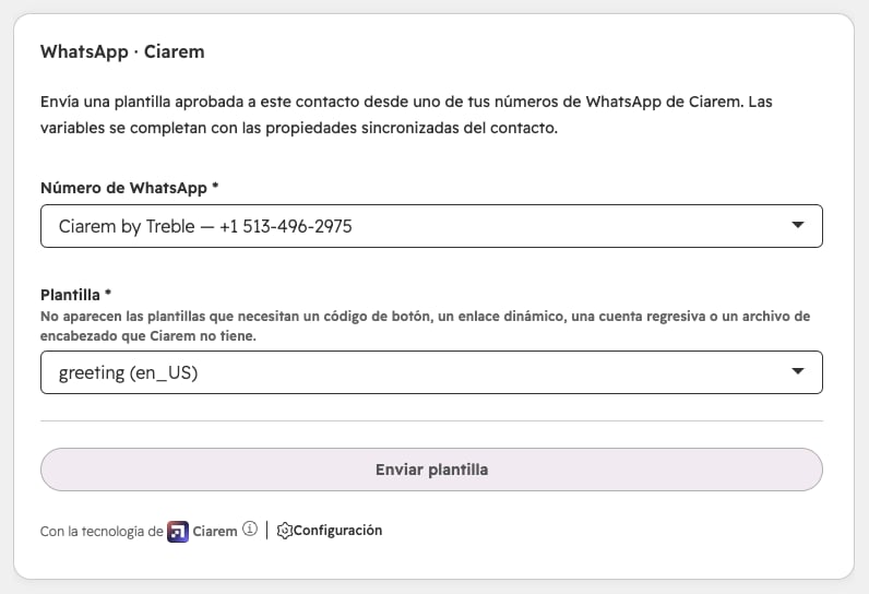 La tarjeta WhatsApp · Ciarem en un contacto de HubSpot, con el número de WhatsApp y la plantilla elegidos y el botón Enviar plantilla