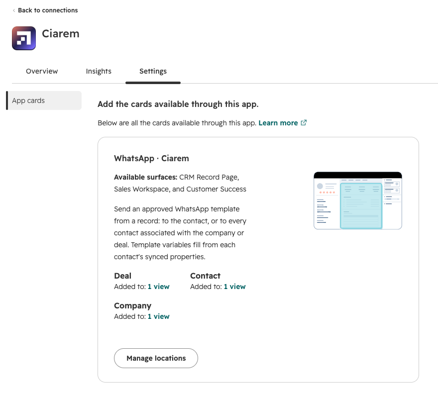 The Ciarem app in HubSpot's connected apps, on the Settings tab, showing the WhatsApp · Ciarem card and its Manage locations button