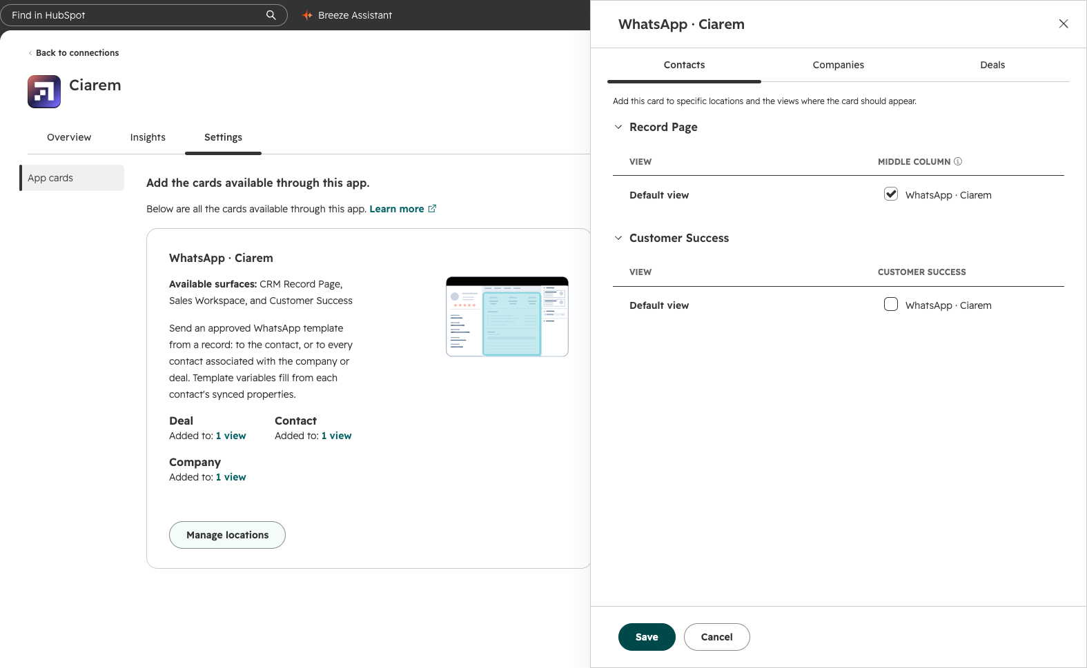 The Manage locations panel with the Contacts, Companies and Deals tabs, and the WhatsApp · Ciarem box ticked for Default view