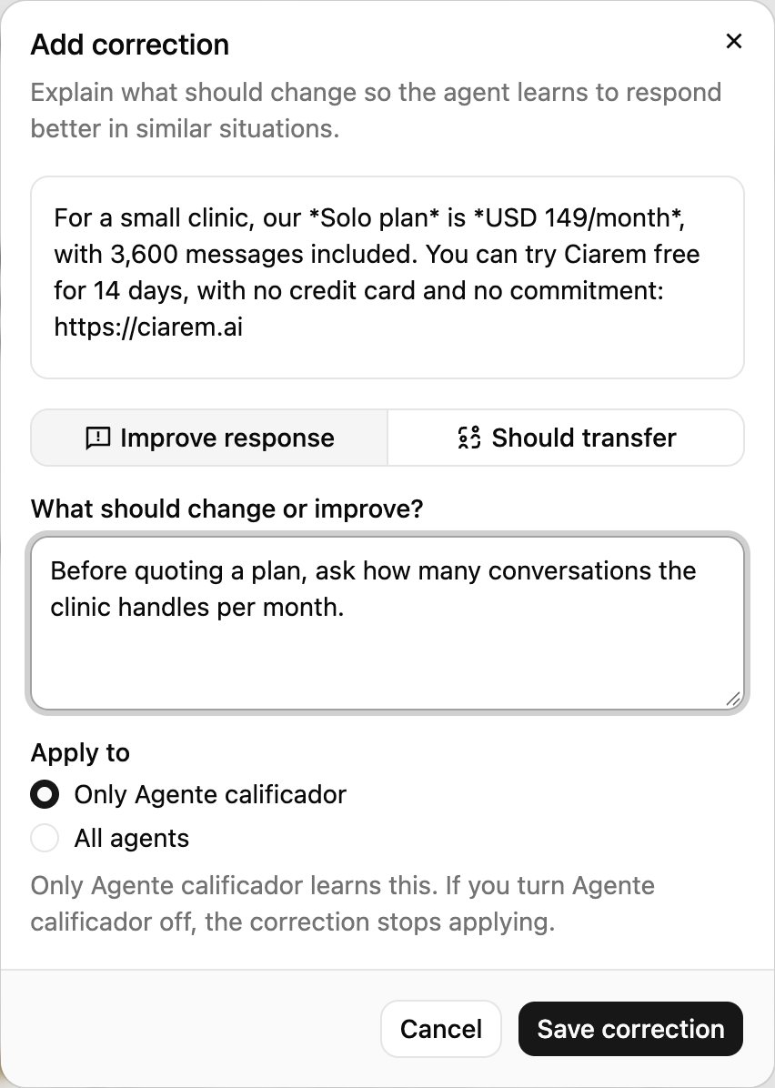 The Add correction dialog with the Apply to choice: Only Agente calificador, or All agents