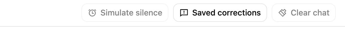 The playground header with the Saved corrections button between Simulate silence and Clear chat