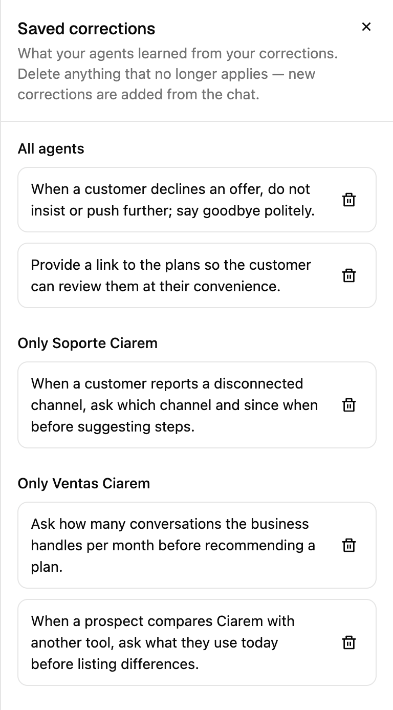 The Saved corrections panel: two corrections for all agents, one only for Soporte Ciarem, and two only for Ventas Ciarem, each with a delete icon