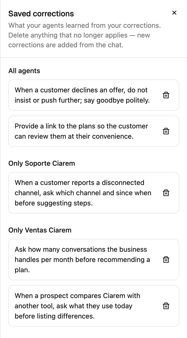The Saved corrections panel: two corrections for all agents, one only for Soporte Ciarem, and two only for Ventas Ciarem, each with a delete icon