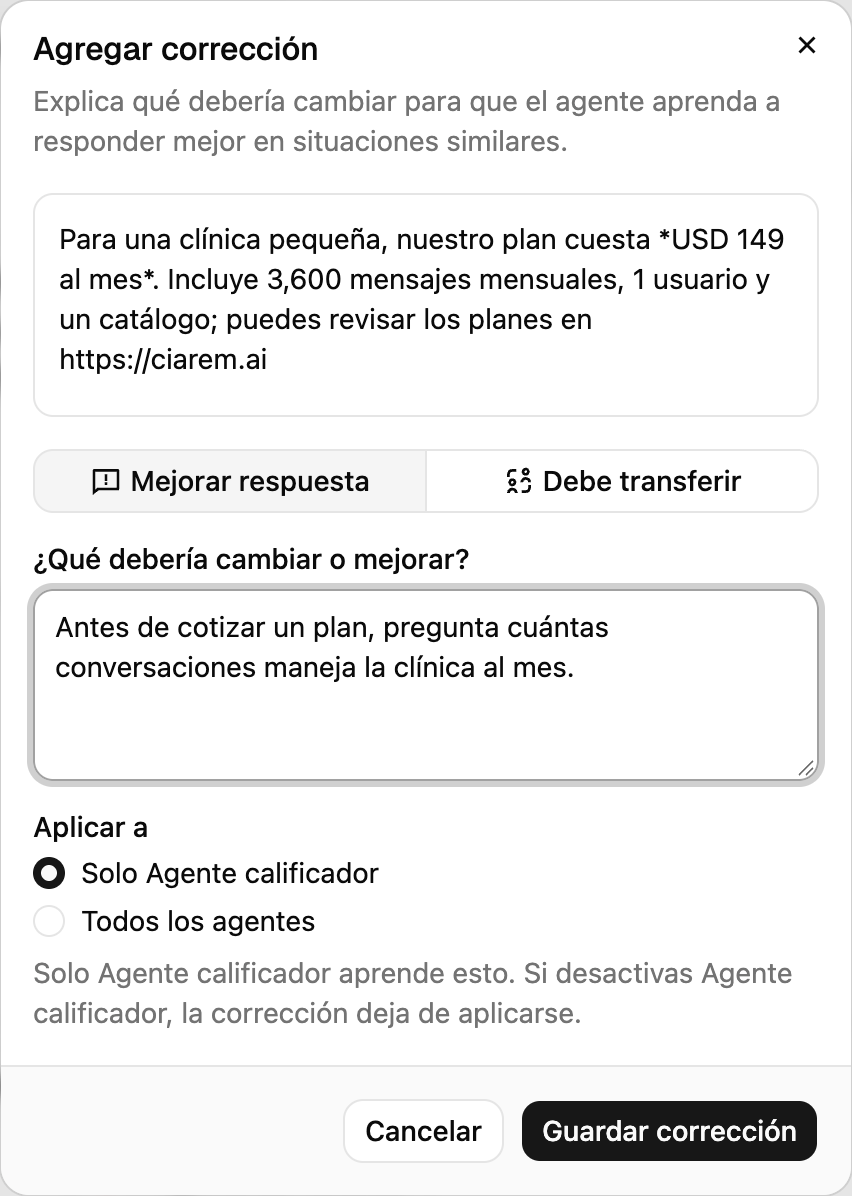 El diálogo Agregar corrección con la opción Aplicar a: Solo Agente calificador, o Todos los agentes