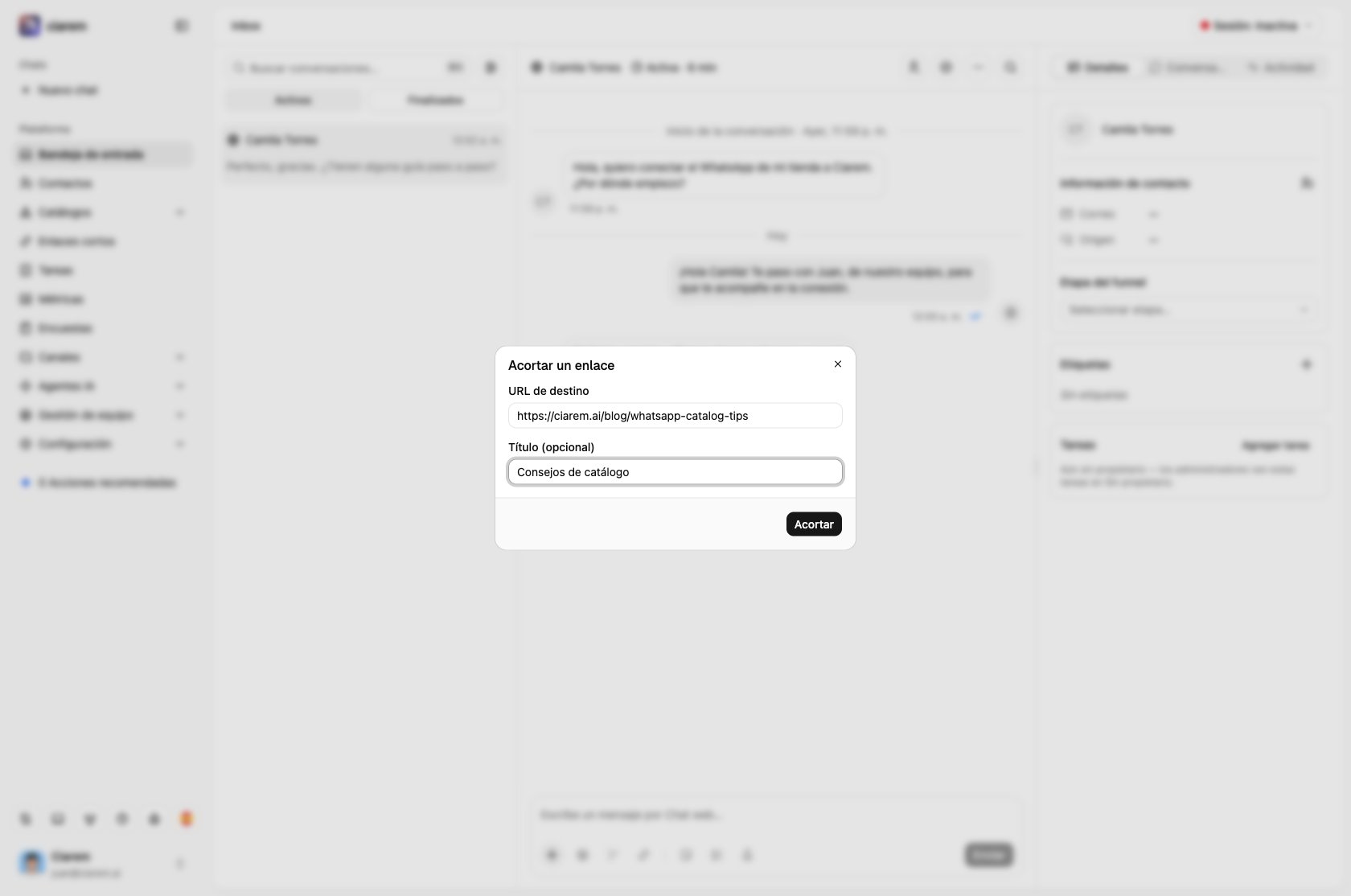 El diálogo Acortar enlace: URL de destino y Título (opcional)