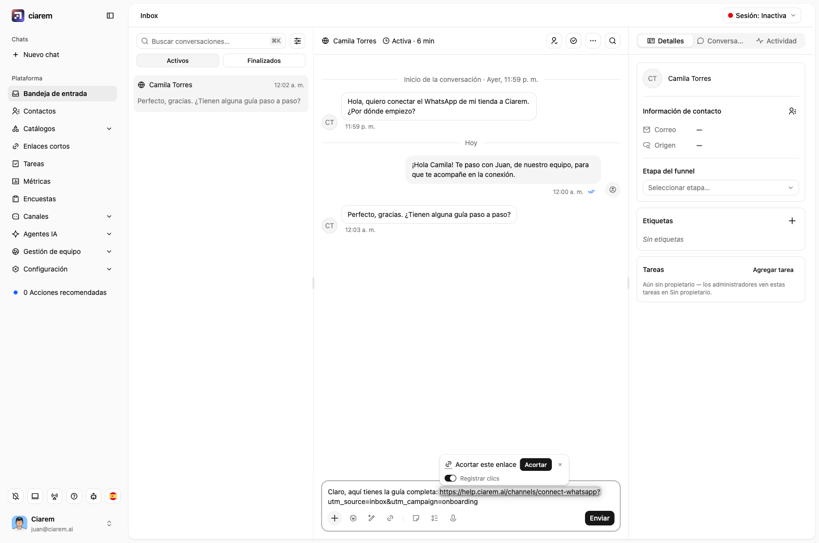 La pastilla Acortar sobre una URL larga en el compositor del inbox, con Registrar clics