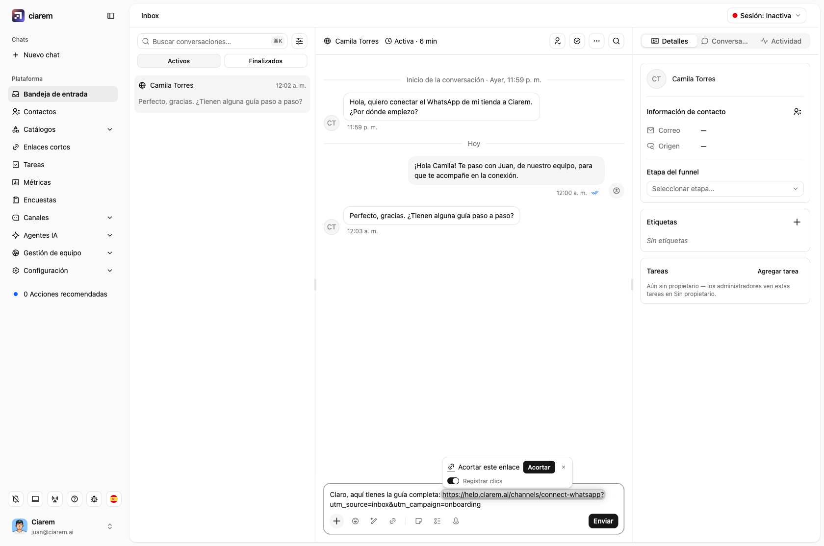 La pastilla Acortar sobre una URL larga en el compositor del inbox, con Registrar clics