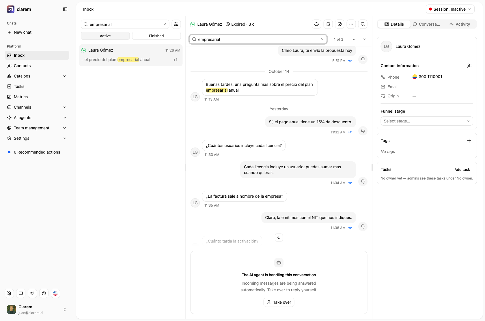 A chat opened from that result: the search bar reads 1 of 2 and the matching message has the term highlighted