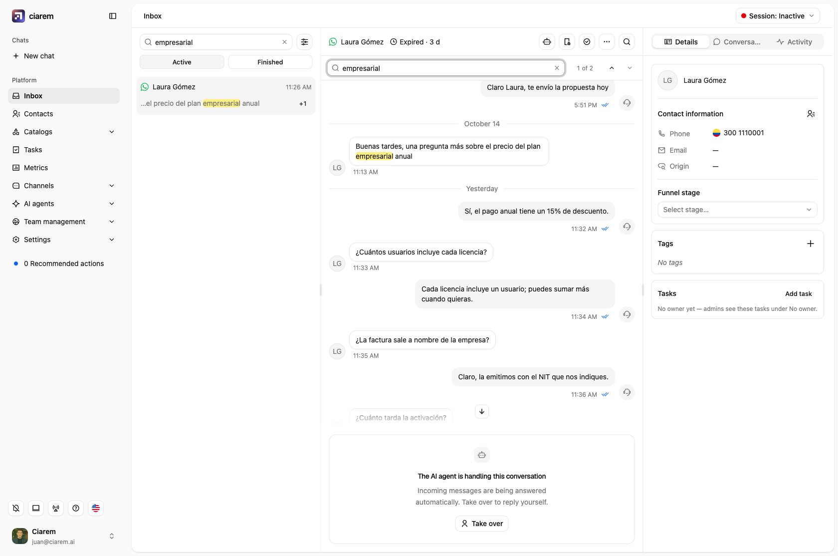 A chat opened from that result: the search bar reads 1 of 2 and the matching message has the term highlighted
