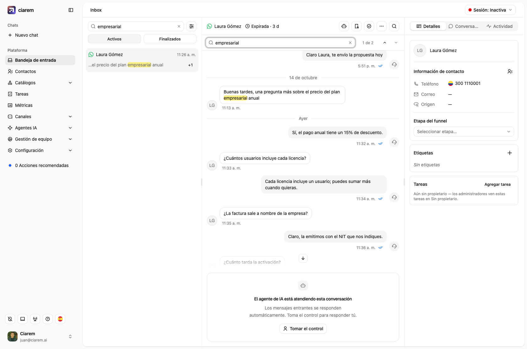 Un chat abierto desde ese resultado: la barra de búsqueda indica 1 de 2 y el mensaje que coincide tiene el término resaltado